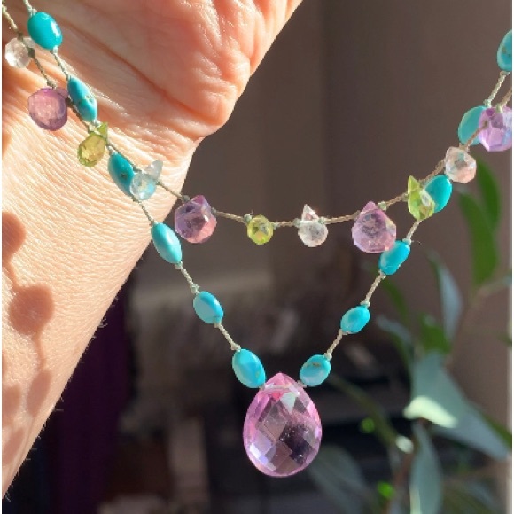 Amethyst Turquoise Necklace🦋💜 with Amethyst, Quartz, Peridot💚💜🤍Necklace - Picture 3 of 8